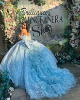 Sky Blue Ball Gown Off-Shoulder Sweetheart Corset with Floral Lace Appliques & Tulle Skirt for Quinceanera Sweet 16 or Princess Party